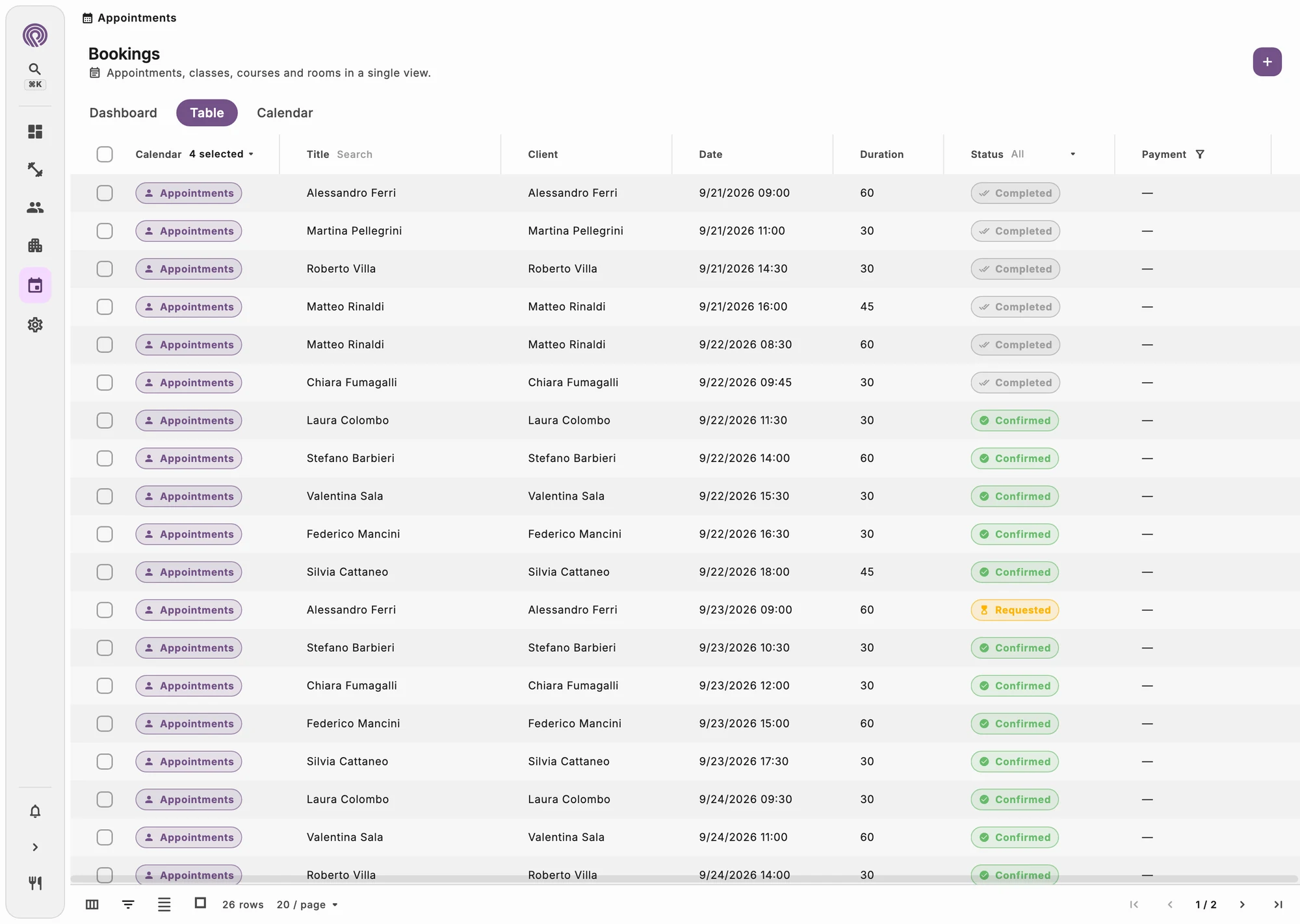 Weekly calendar with booked visits and remaining follow-ups