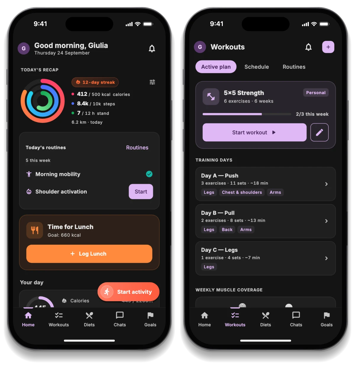 The JimTime app on three phones: the athlete’s day, the training plan and a challenge with friends