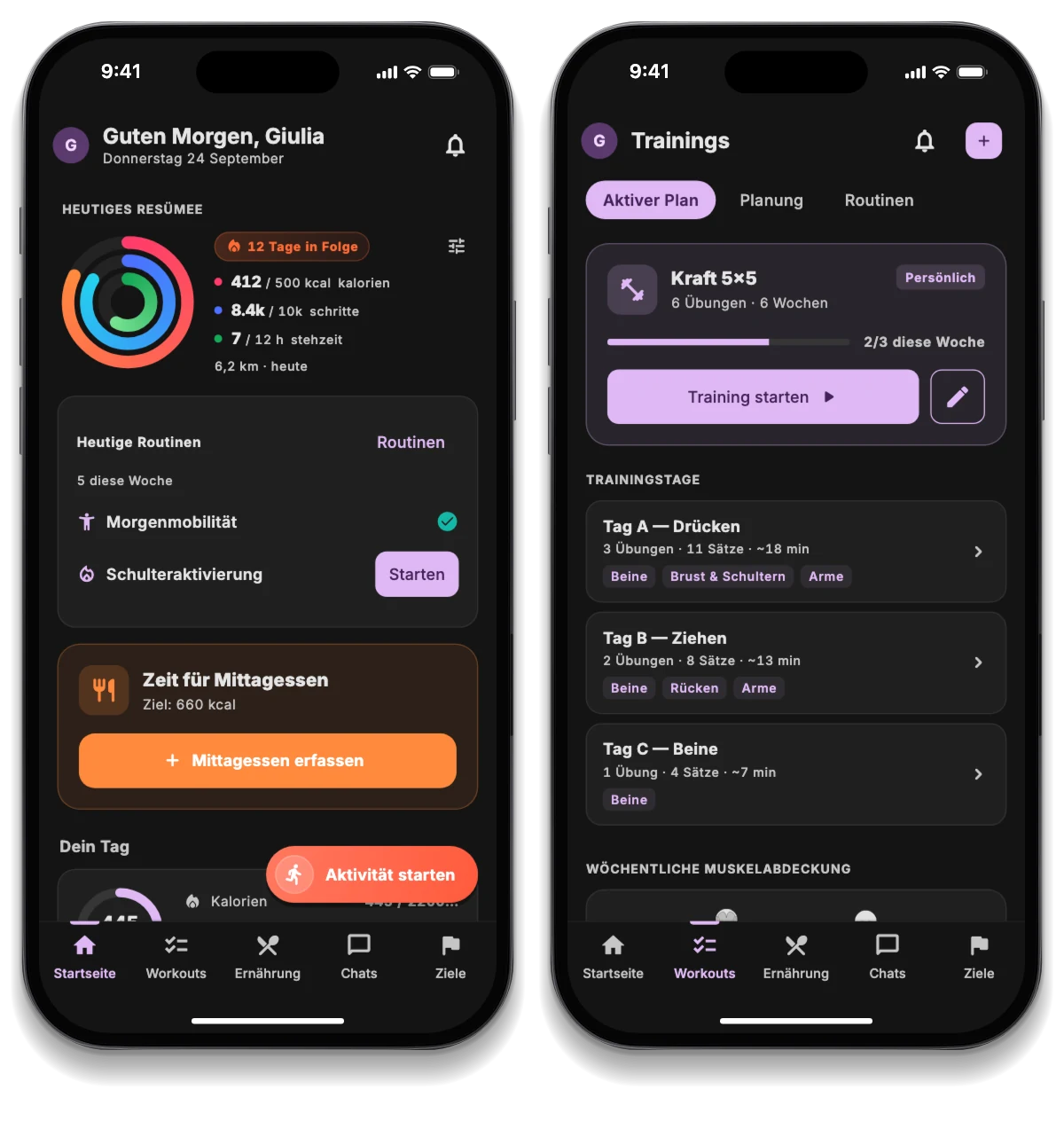 Die JimTime-App auf drei Smartphones: der Tag des Athleten, der Trainingsplan und die Challenge mit Freunden