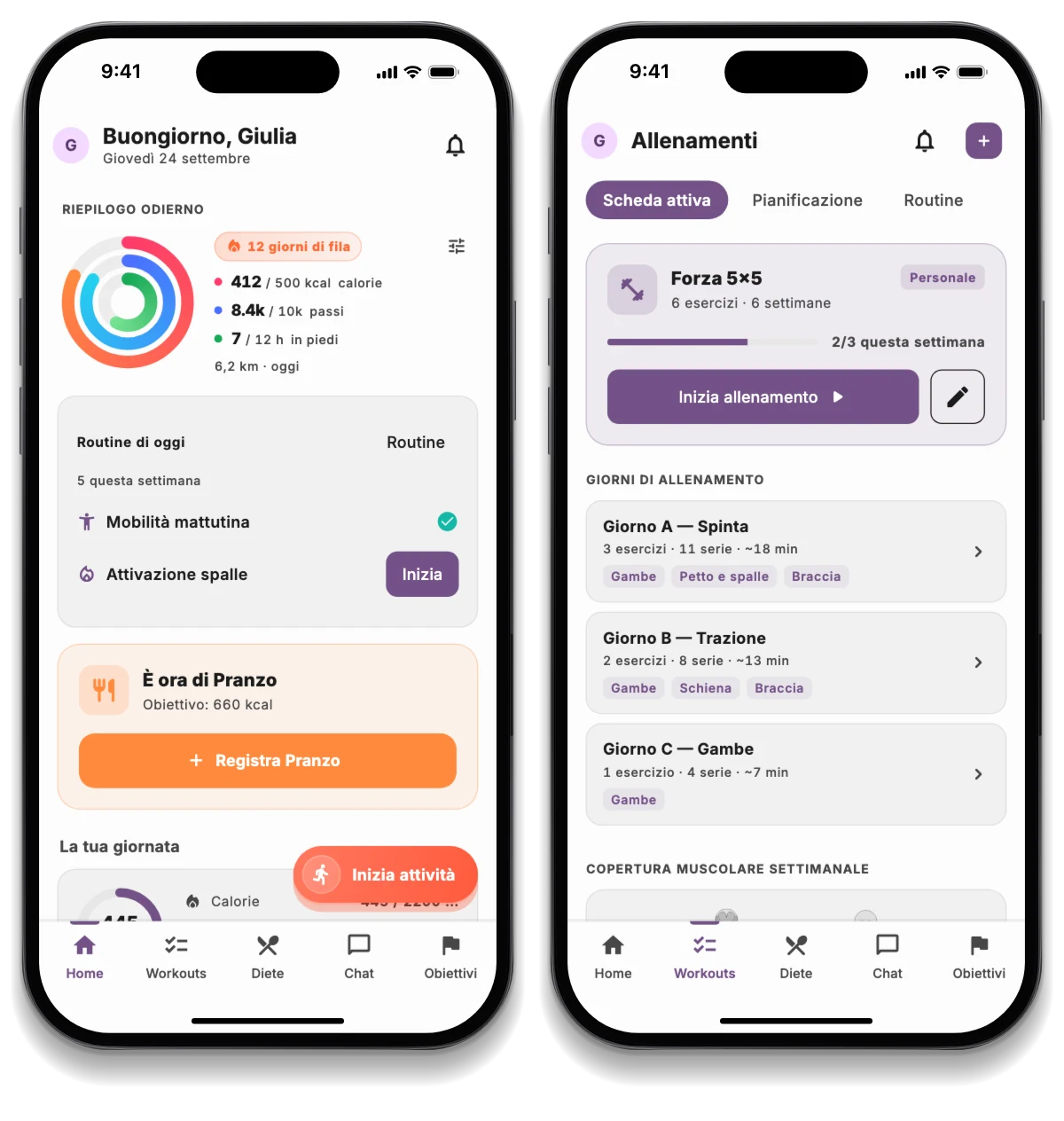 L’app JimTime su tre telefoni: la giornata dell’atleta, la scheda di allenamento e la sfida con gli amici