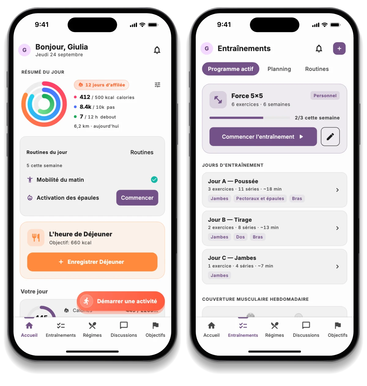 L’app JimTime sur trois téléphones : la journée de l’athlète, le programme d’entraînement et le défi entre amis
