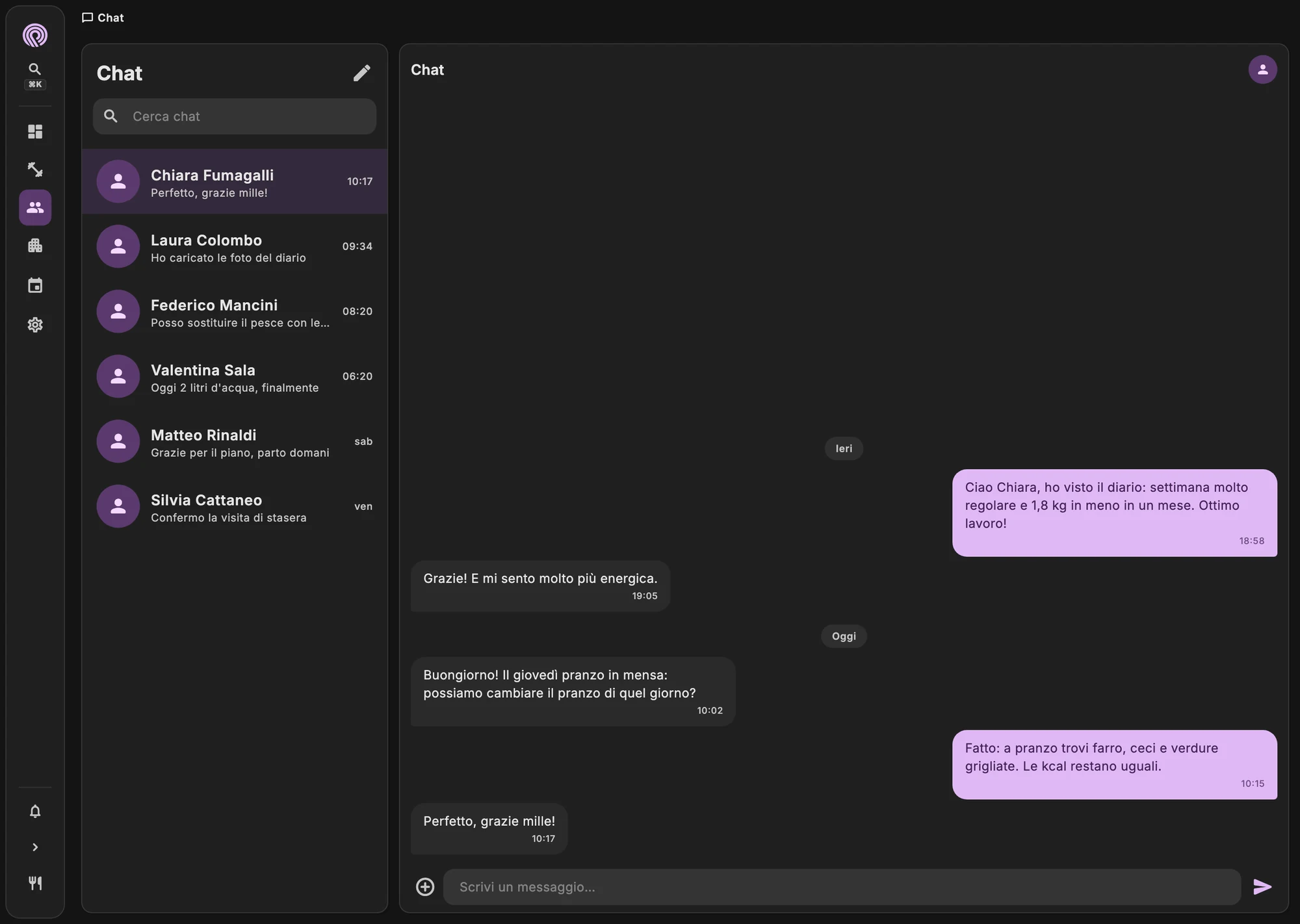 Chat con un paziente con la foto di un pasto