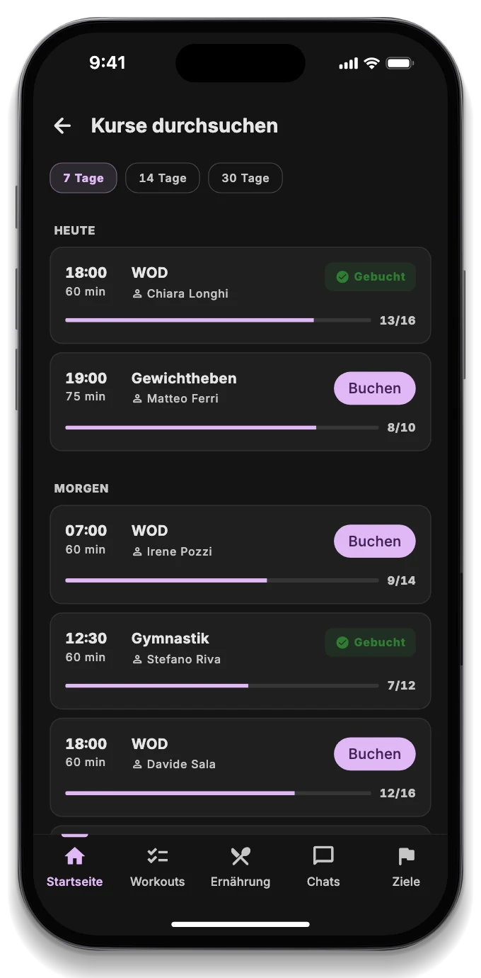 Die Athleten-App mit dem WOD des Tages, der gebuchten Klasse und der Rangliste