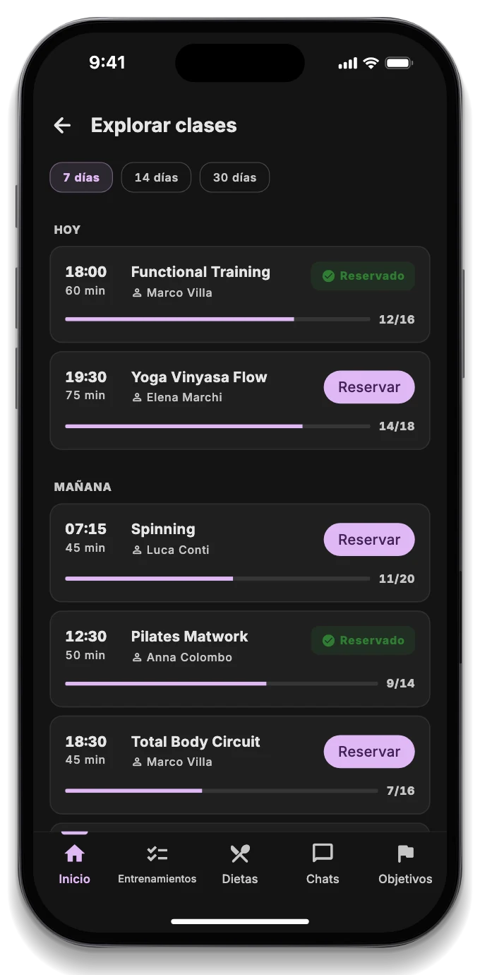 La app del socio con la clase reservada, el entrenamiento del día y la afluencia de la sala