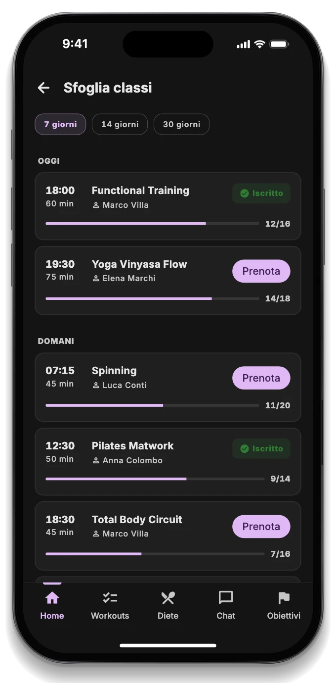 L'app dell'iscritto con il corso prenotato, la scheda del giorno e l'affollamento della sala