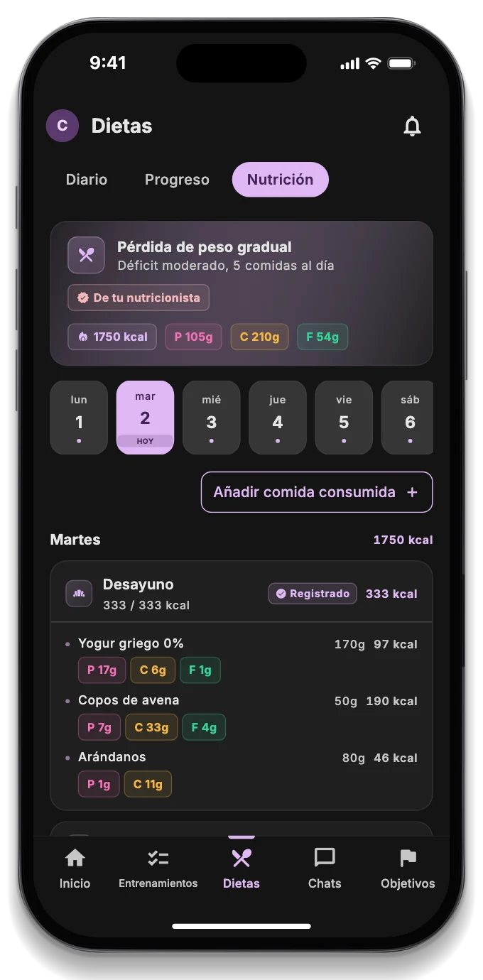La app del paciente con la comida de hoy, el objetivo semanal y la visita reservada