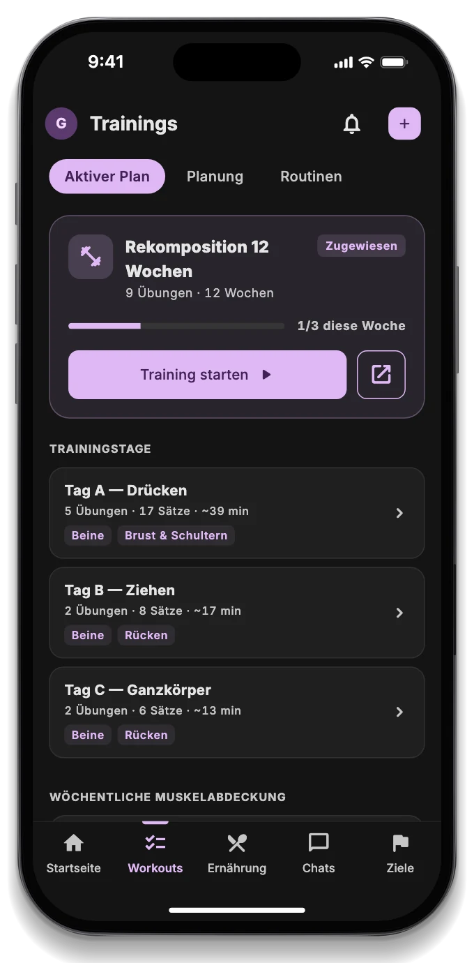 Die Kunden-App mit dem Training des Tages, der gebuchten Session und einer Nachricht des Trainers