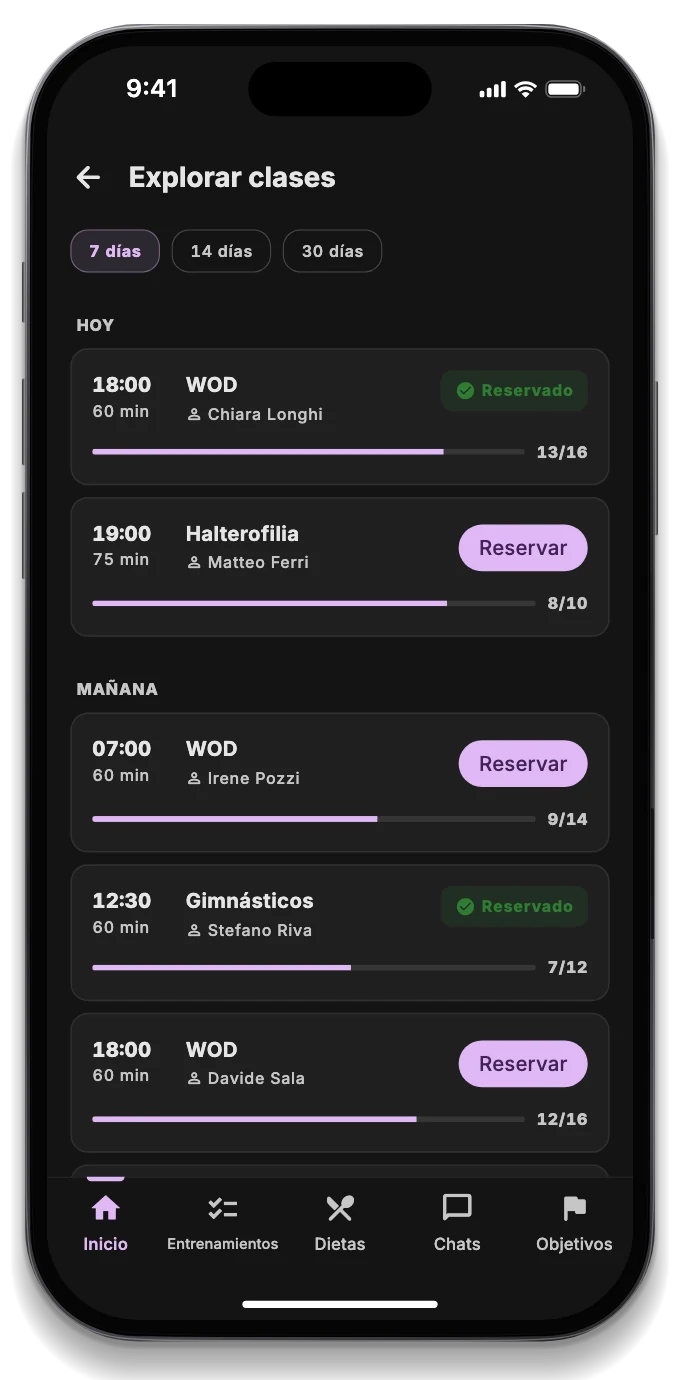 La app del atleta con el WOD del día, la clase reservada y la clasificación