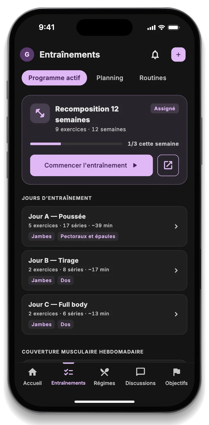 L'app du client avec la séance du jour, le rendez-vous réservé et un message du coach