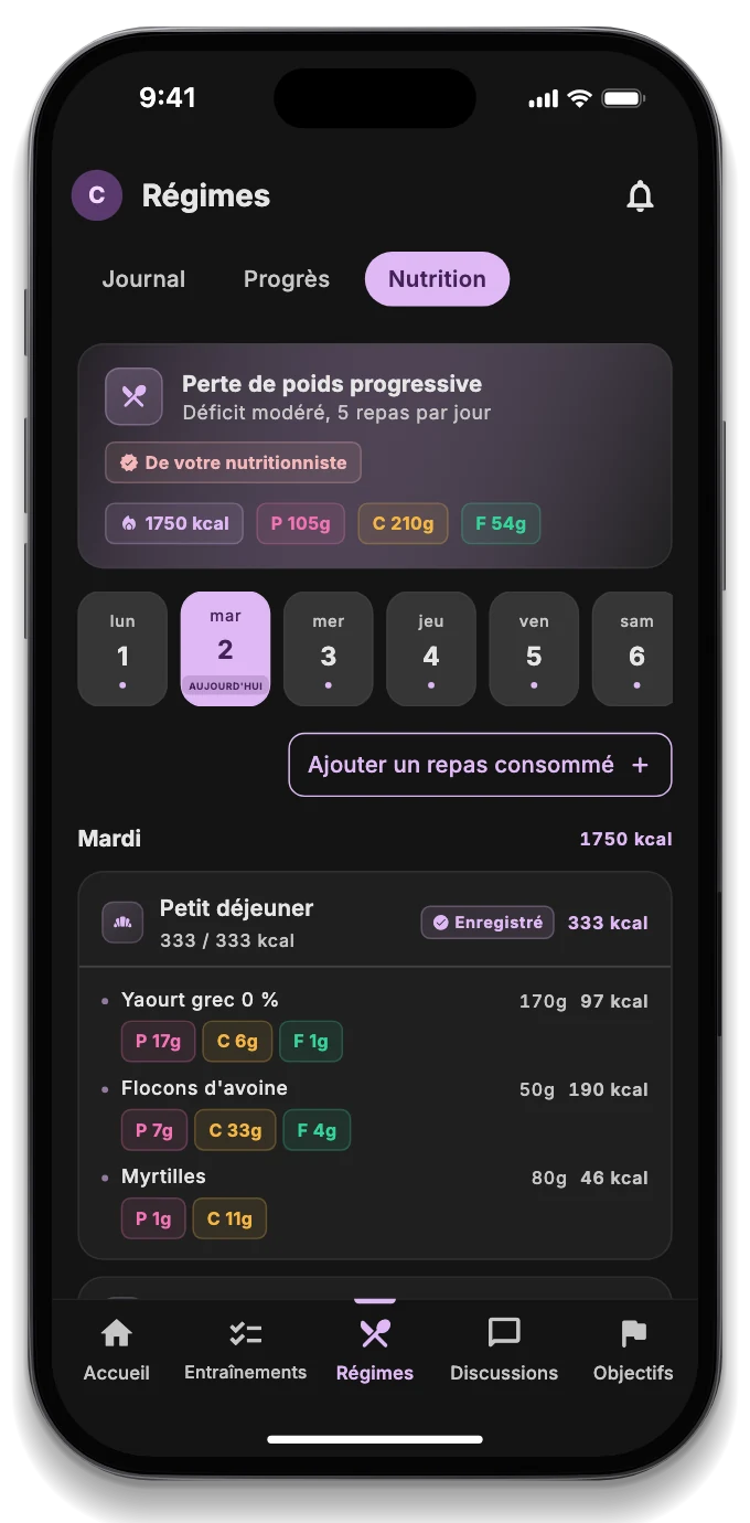 L'app du patient avec le repas du jour, l'objectif de la semaine et la consultation réservée