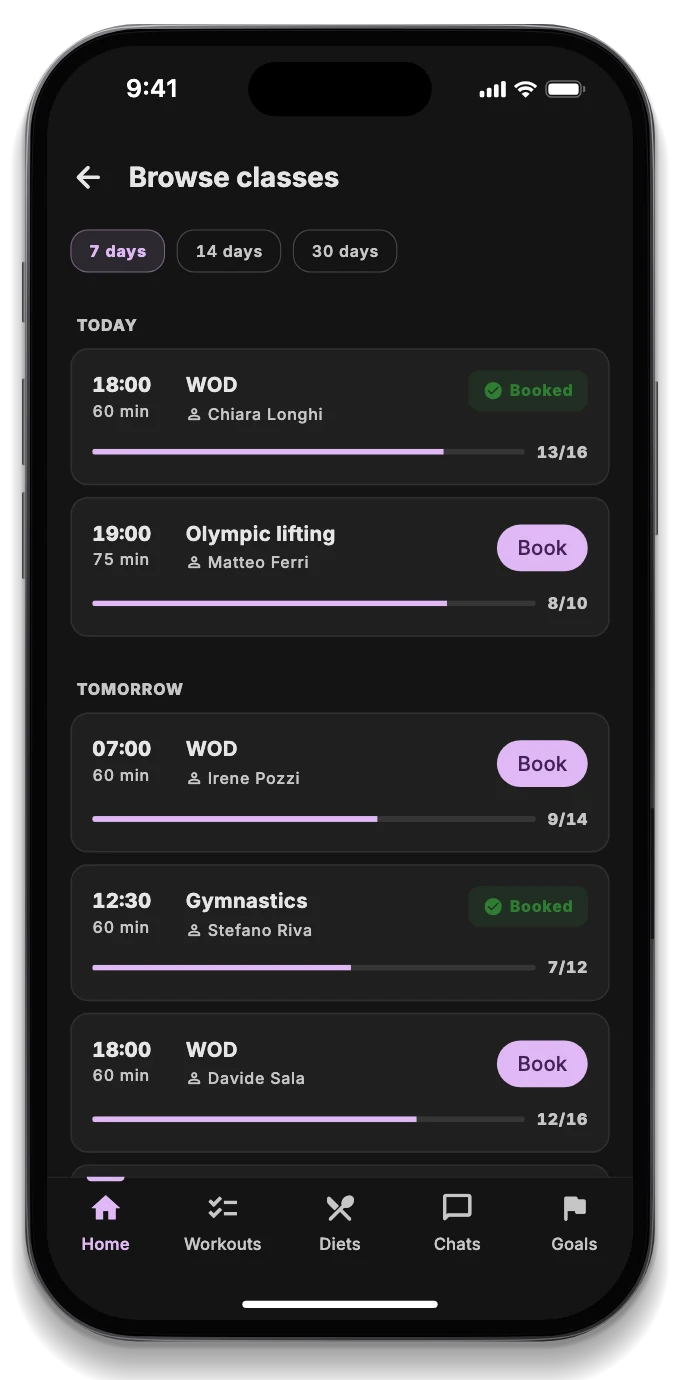 The athlete app with today's WOD, the booked class and the leaderboard
