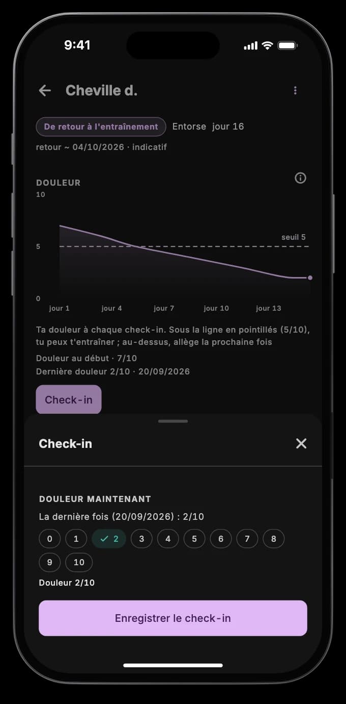 L'app du patient avec le check-in du matin et les étapes de la récupération