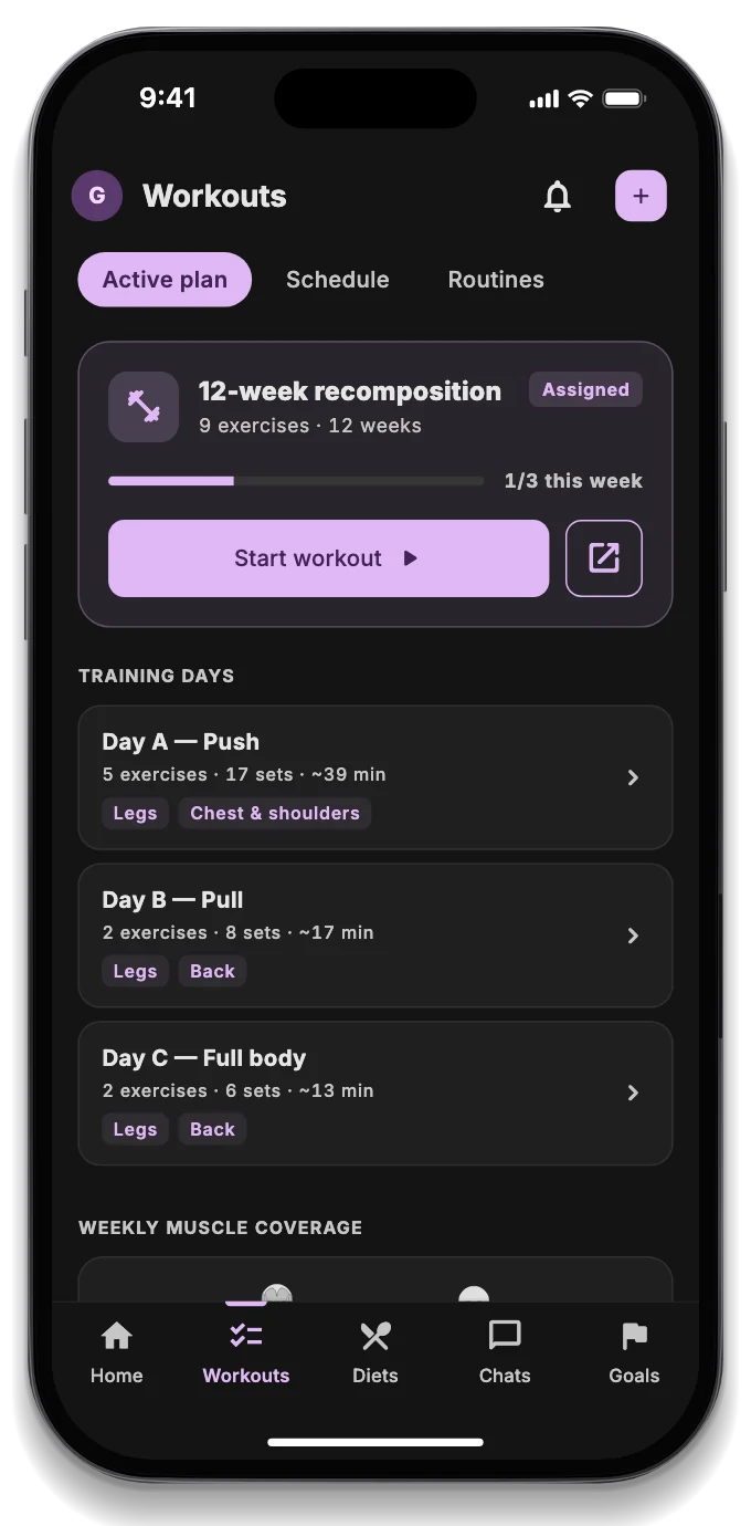 The client app with today's workout, the booked session and a message from the trainer