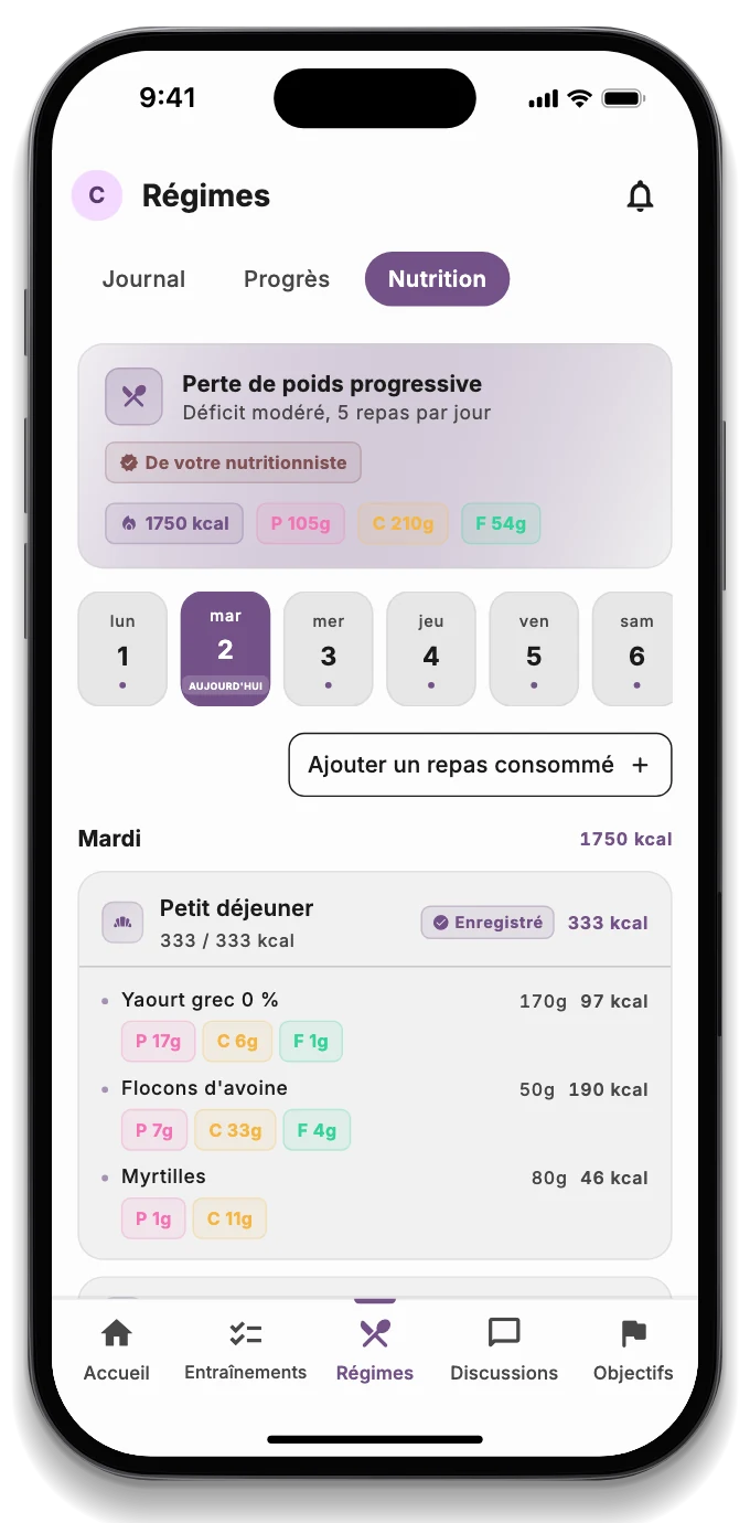 L'app du patient avec le repas du jour, l'objectif de la semaine et la consultation réservée