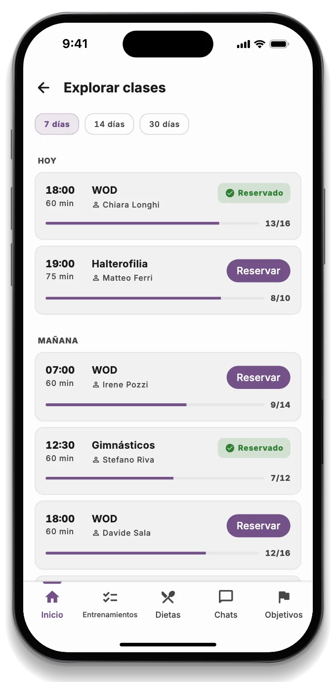 La app del atleta con el WOD del día, la clase reservada y la clasificación