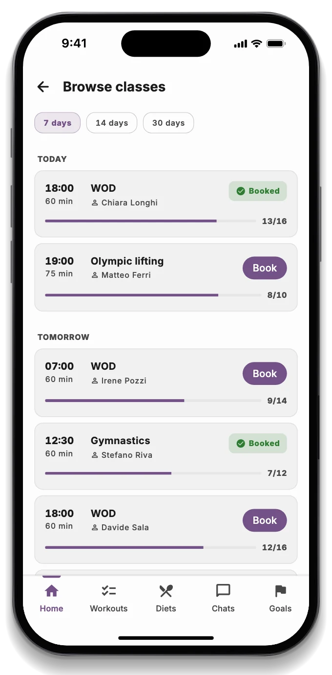 The athlete app with today's WOD, the booked class and the leaderboard