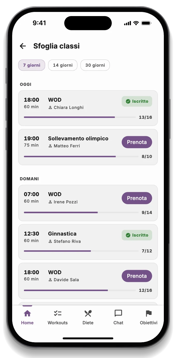L'app dell'atleta con il WOD del giorno, la classe prenotata e la classifica