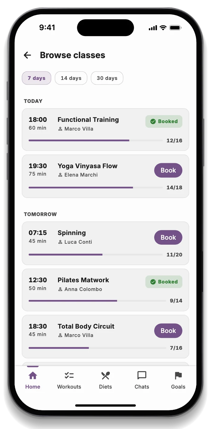 The member app with the booked class, today's workout and how busy the gym is