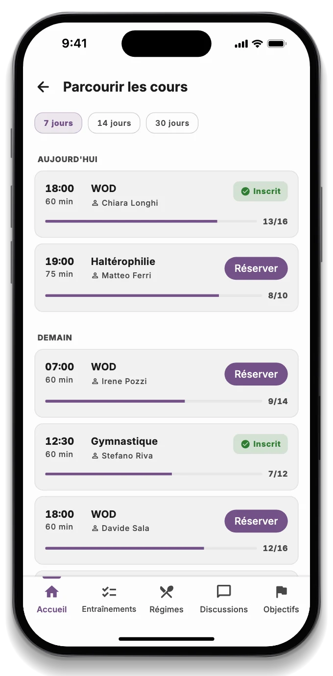 L'app de l'athlète avec le WOD du jour, le cours réservé et le classement