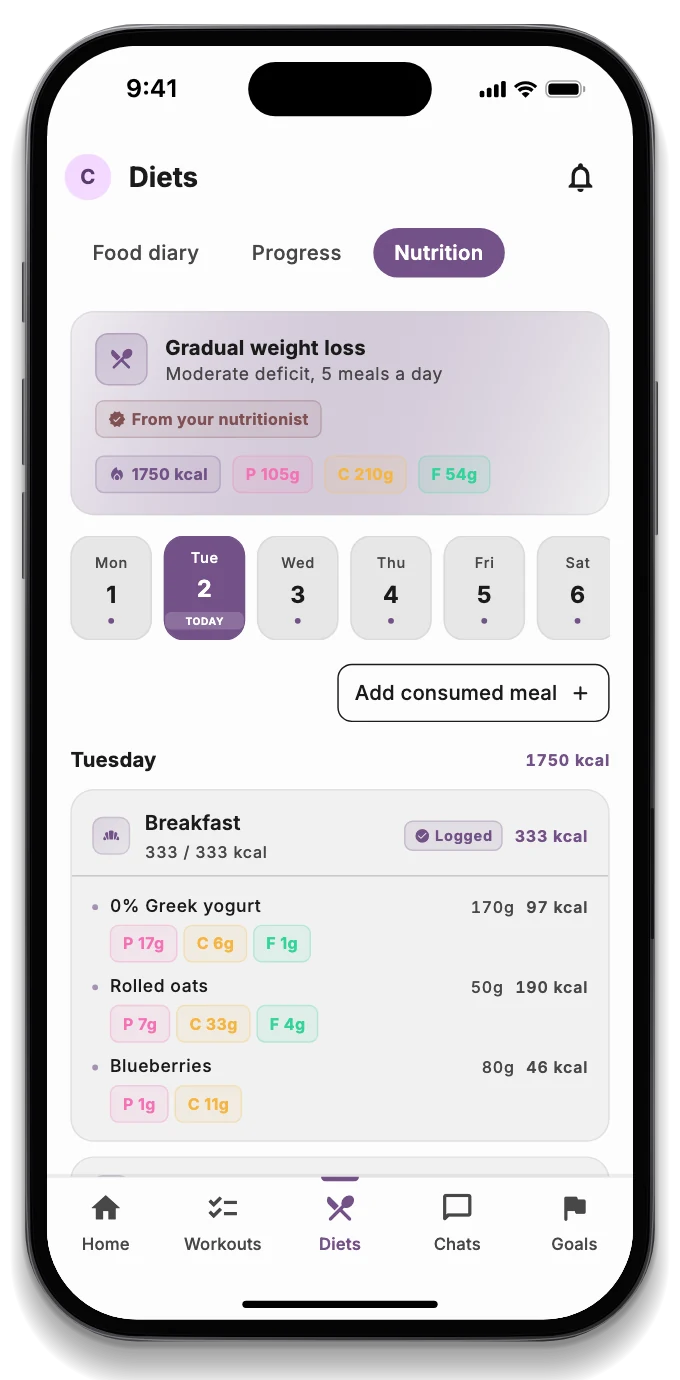 The patient app with today's meal, the weekly goal and the booked visit