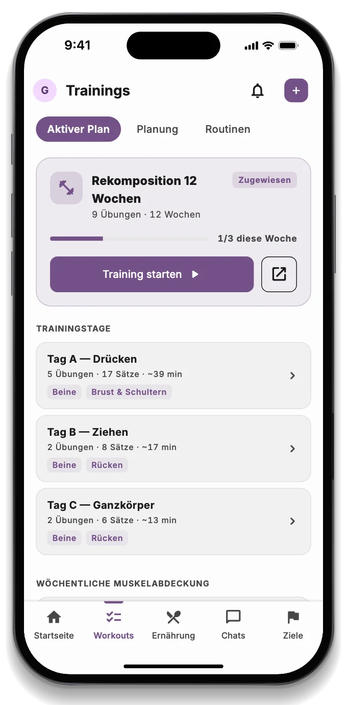 Die Kunden-App mit dem Training des Tages, der gebuchten Session und einer Nachricht des Trainers