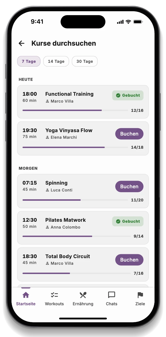 Die Mitglieder-App mit dem gebuchten Kurs, dem Training des Tages und der Auslastung des Studios
