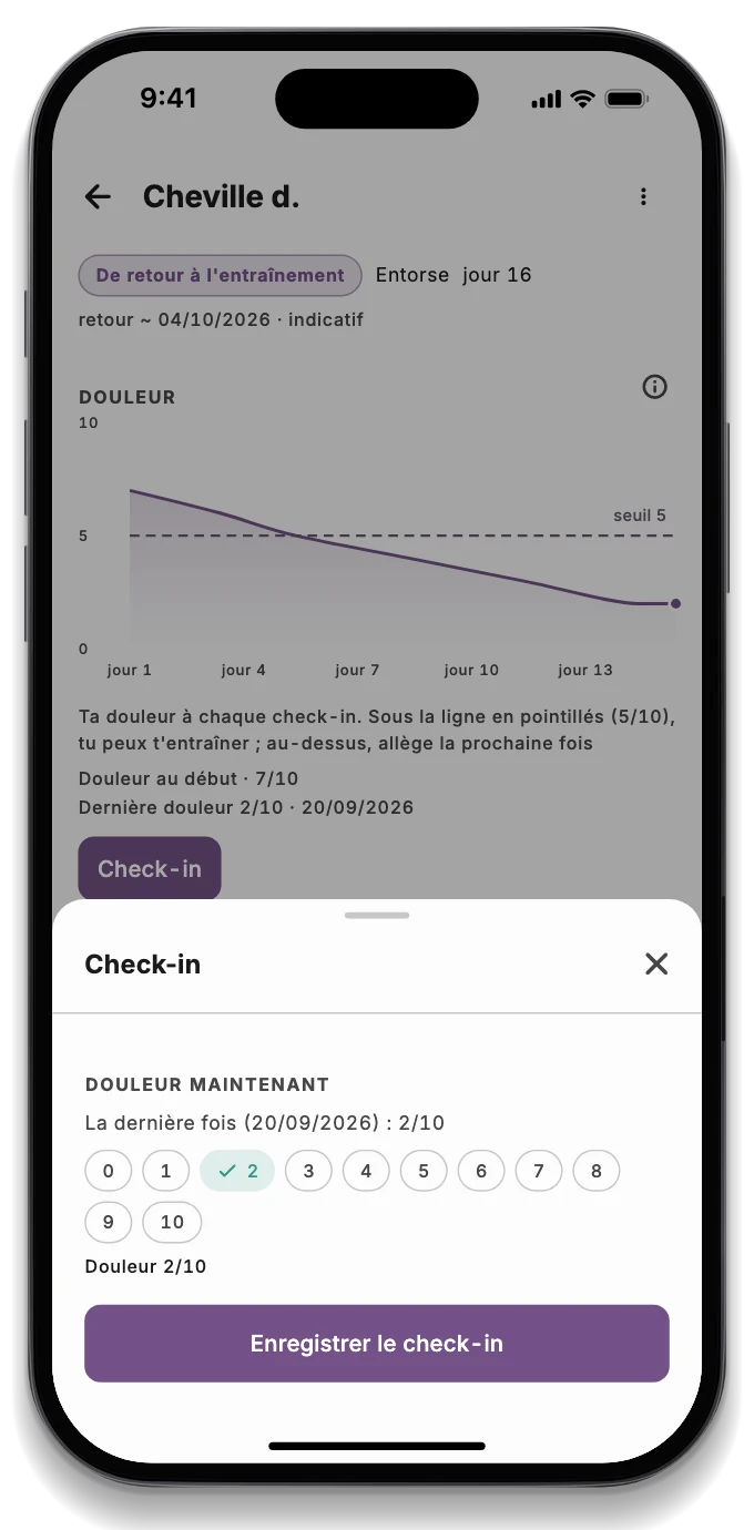 L'app du patient avec le check-in du matin et les étapes de la récupération