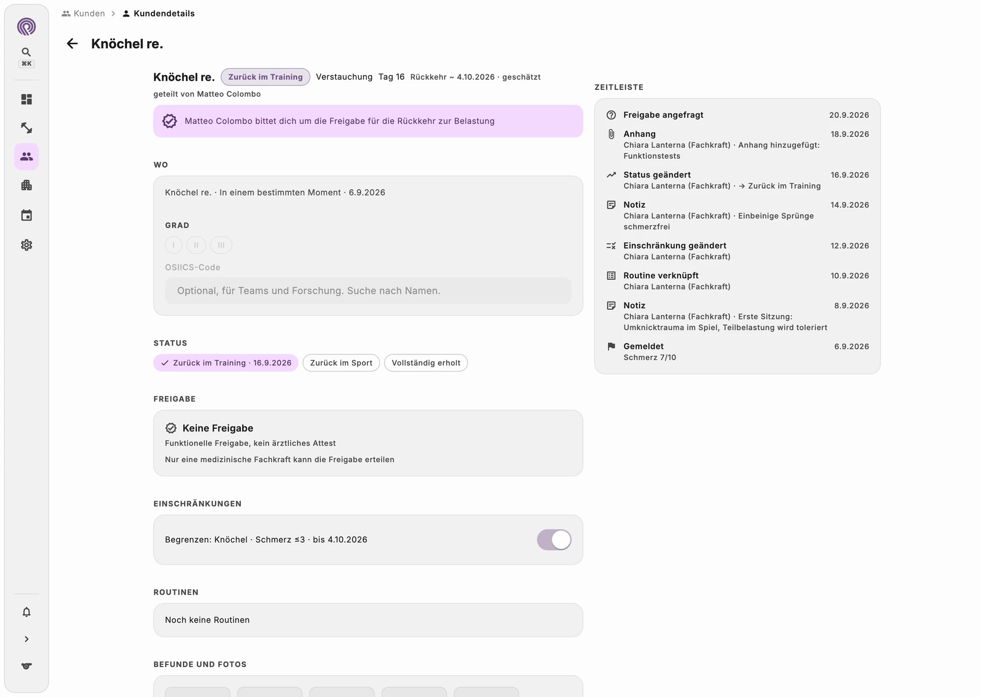 Verletzungseintrag mit Körperregion, Datum und Mechanismus