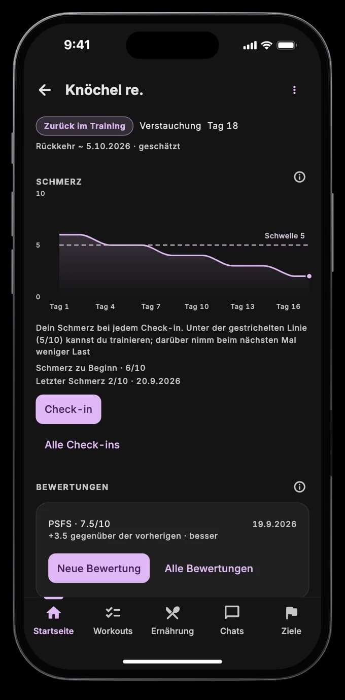 Ein Verletzungstagebuch mit dem täglichen Schmerz und den Etappen der Rückkehr