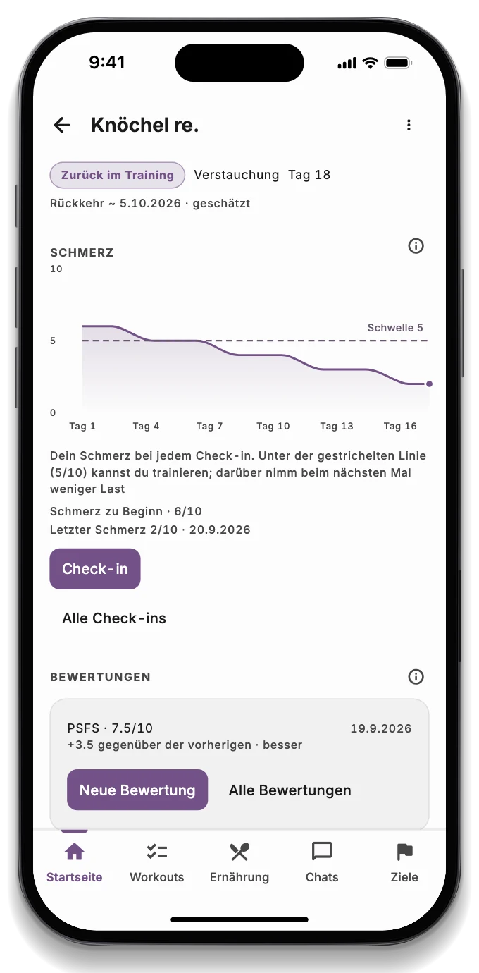 Ein Verletzungstagebuch mit dem täglichen Schmerz und den Etappen der Rückkehr