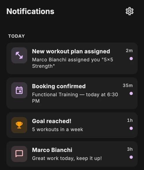 JimTime notifications: new plan assigned, booking confirmed and a message from the professional