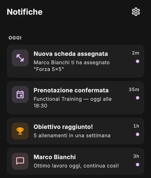 Notifiche JimTime: nuova scheda assegnata, prenotazione confermata e messaggio del professionista