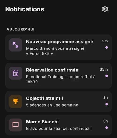 Notifications JimTime : nouveau programme attribué, réservation confirmée et message du professionnel
