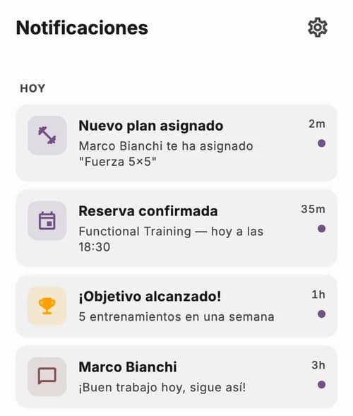 Notificaciones de JimTime: nuevo plan asignado, reserva confirmada y mensaje del profesional