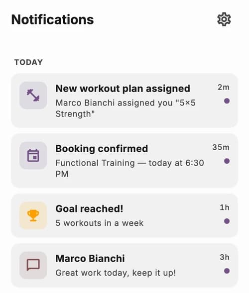JimTime notifications: new plan assigned, booking confirmed and a message from the professional