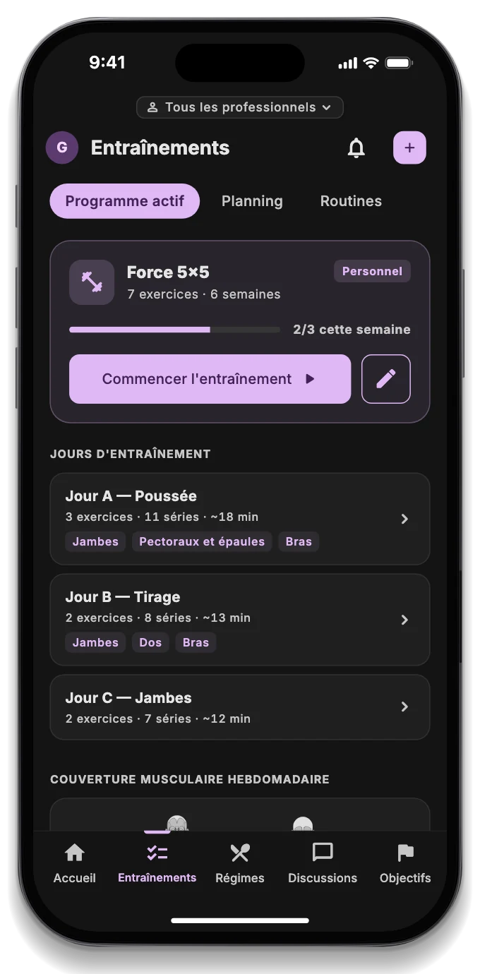 Un programme d'entraînement avec séries, charges, récupérations et la carte musculaire
