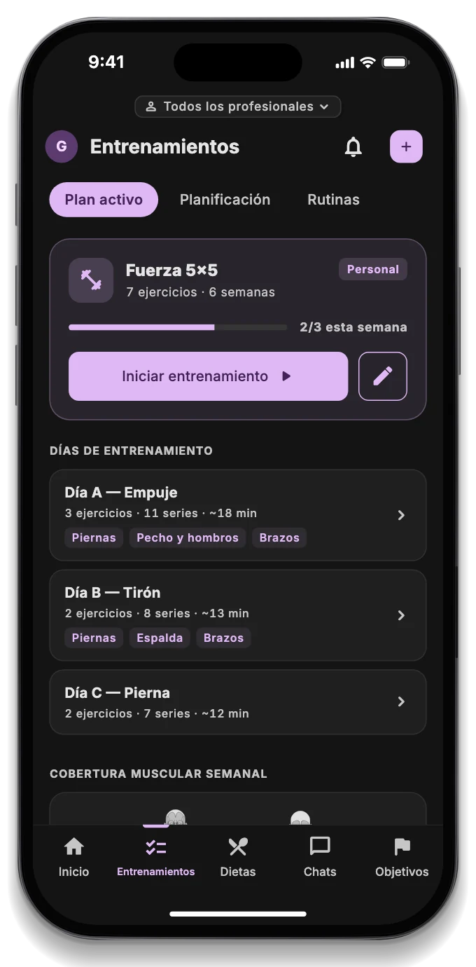 Un plan de entrenamiento con series, cargas, descansos y el mapa muscular