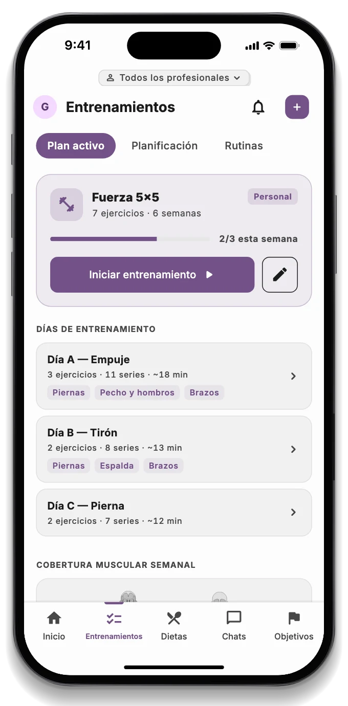 Un plan de entrenamiento con series, cargas, descansos y el mapa muscular