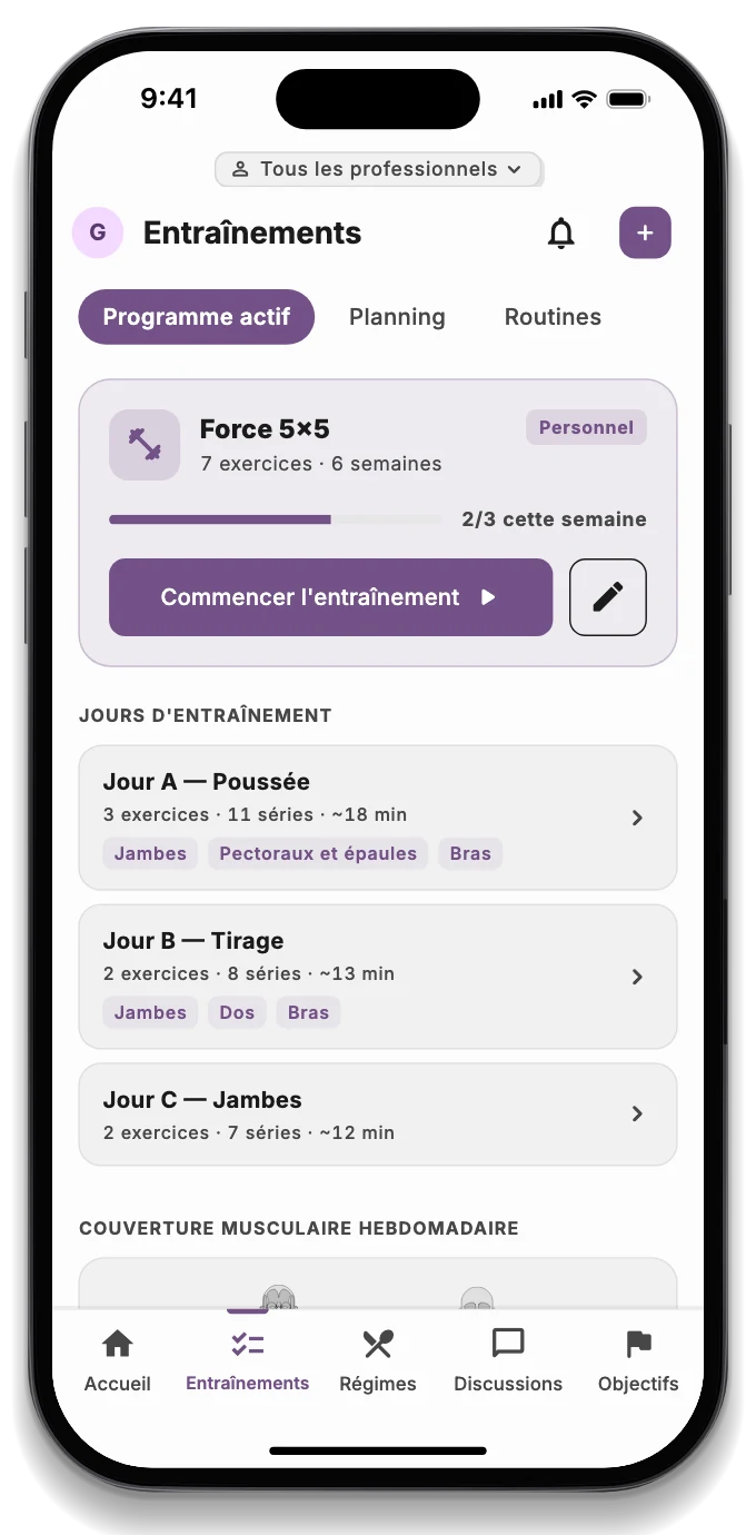Un programme d'entraînement avec séries, charges, récupérations et la carte musculaire