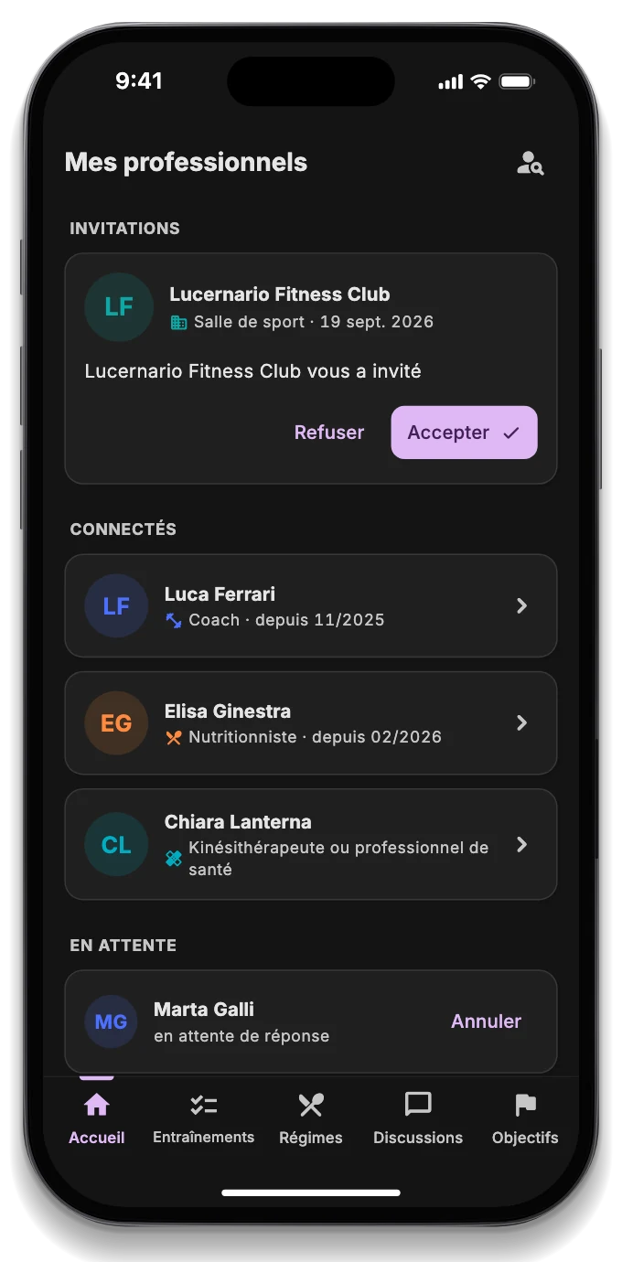 La liste des professionnels connectés : coach, nutritionniste, kinésithérapeute et salle