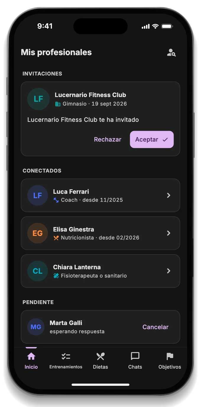 Lista de profesionales conectados: entrenador, nutricionista, fisioterapeuta y gimnasio