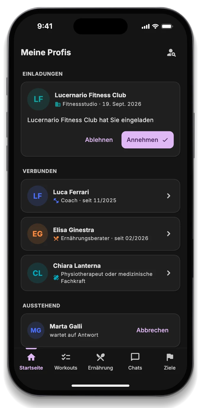 Liste der verbundenen Profis: Trainer, Ernährungsberater, Physiotherapeut und Studio