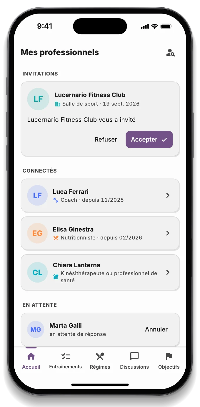 La liste des professionnels connectés : coach, nutritionniste, kinésithérapeute et salle