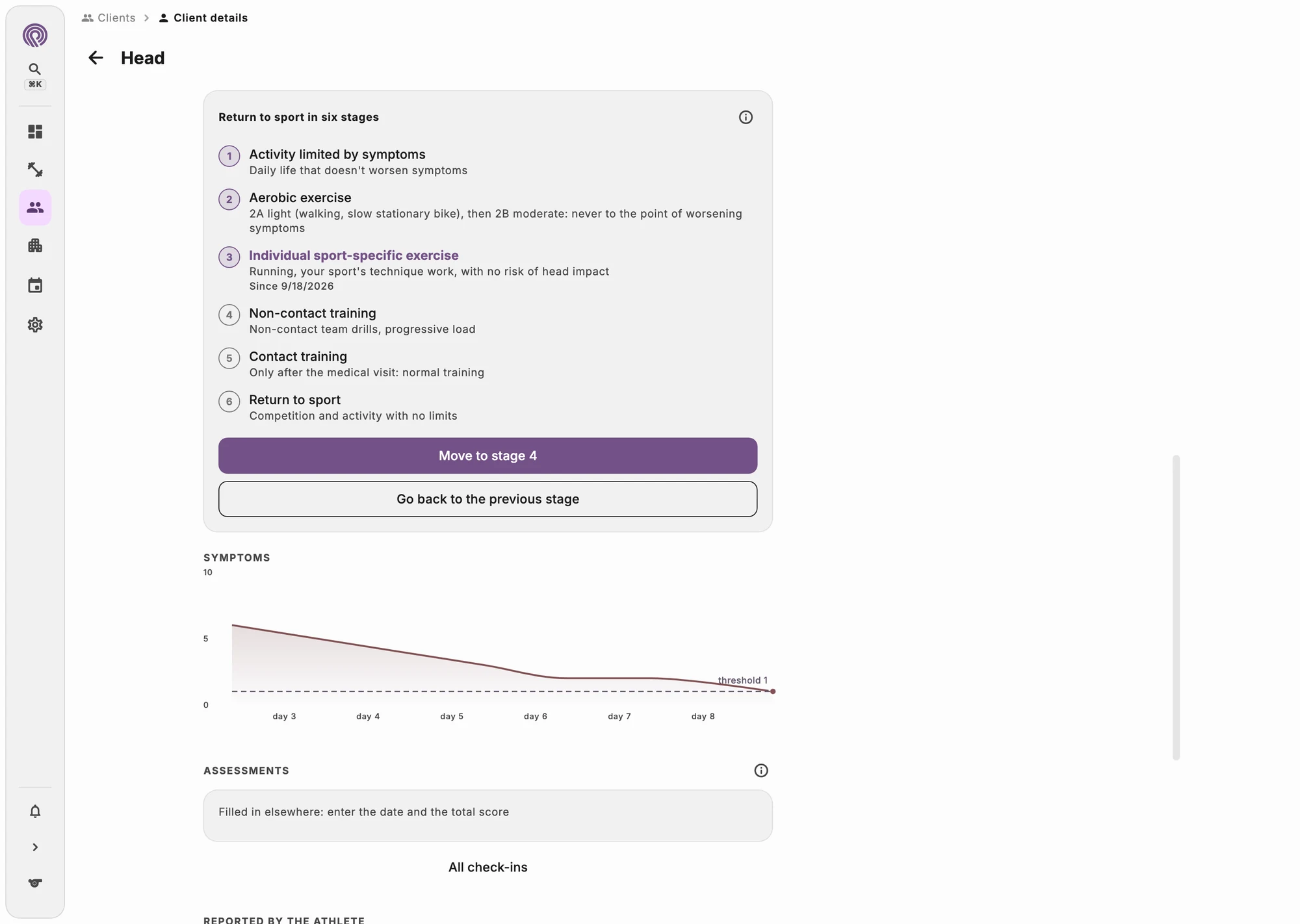 Return-to-sport stages with progression criteria