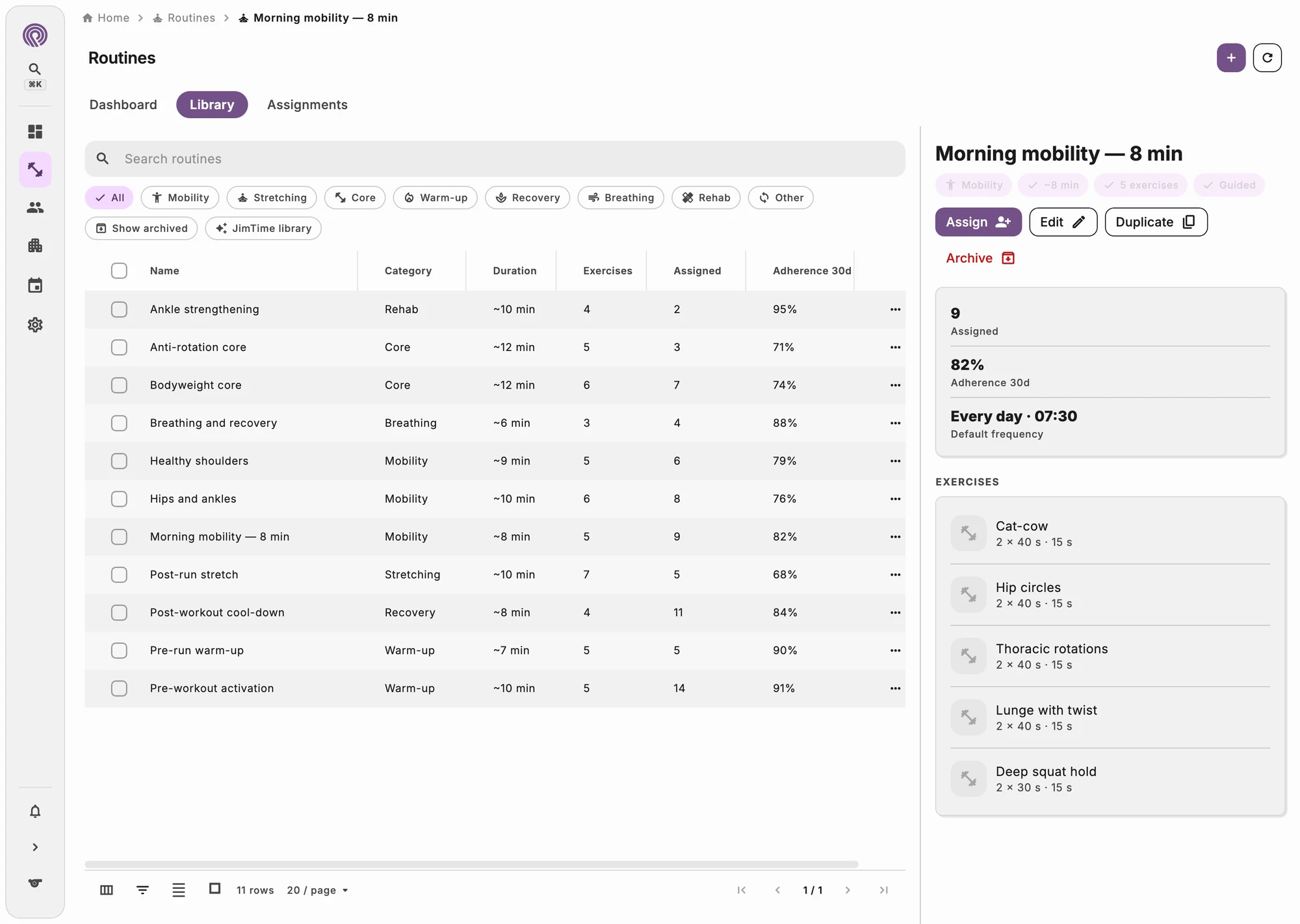Routine library with the clients' completion log