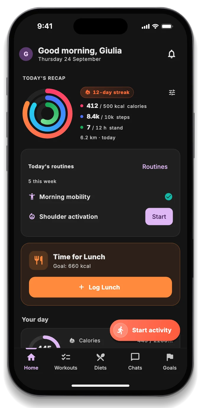 The Today screen with rings for calories, steps and stand hours, the routine and weight