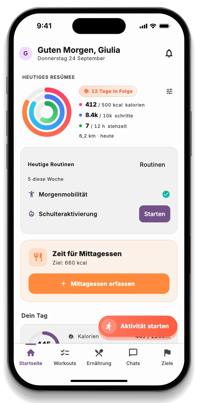 Der Heute-Bildschirm mit den Ringen für Kalorien, Schritte und Stehstunden, der Routine und dem Gewicht