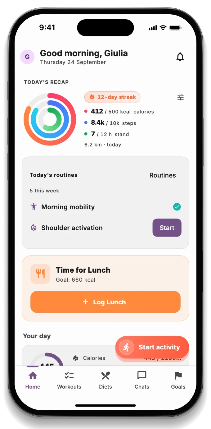 The Today screen with rings for calories, steps and stand hours, the routine and weight