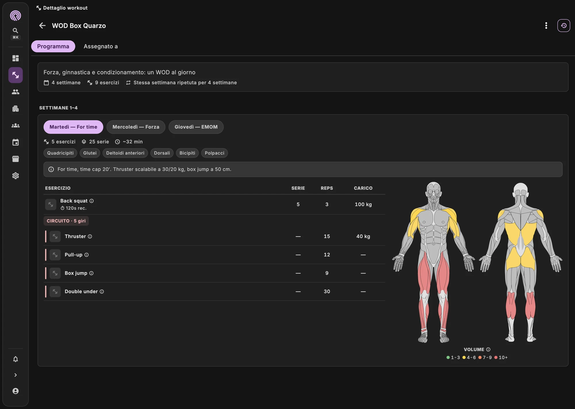 Editor del WOD del giorno con movimenti, carichi e tempi