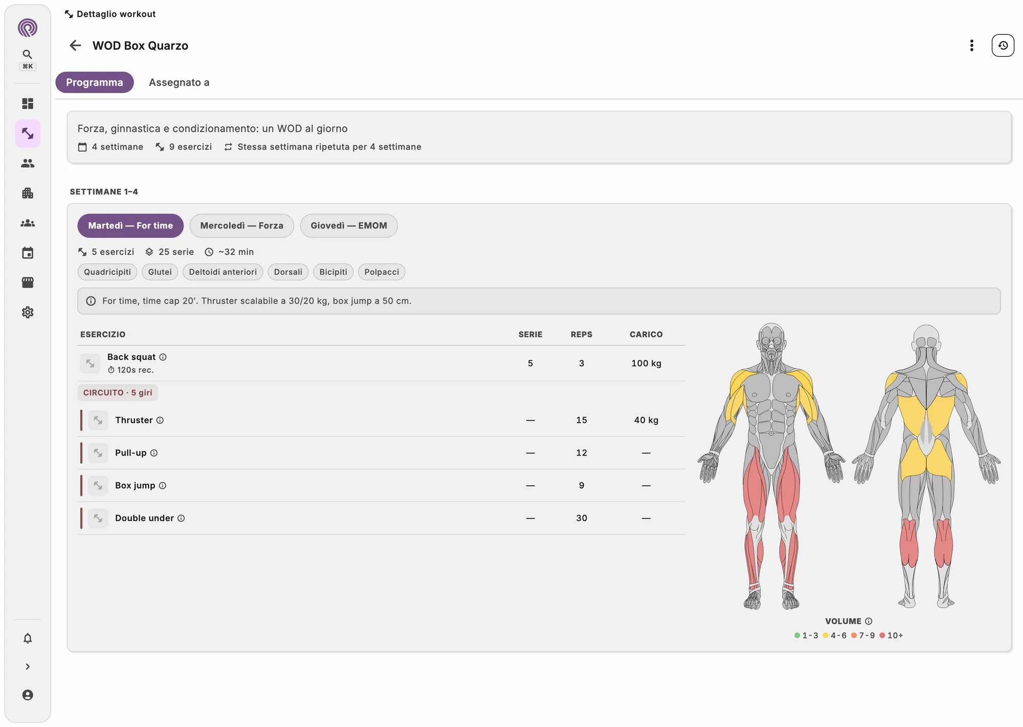 Editor del WOD del giorno con movimenti, carichi e tempi